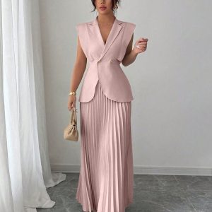 Set Vest Không Tay Phối Chân Váy Xếp Ly Cao Cấp