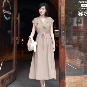 Đầm công sở vải tuyp xy dáng suông cổ hai ve vai chờm thân váy phối ly tạo kiểu eo bo chun co giãn